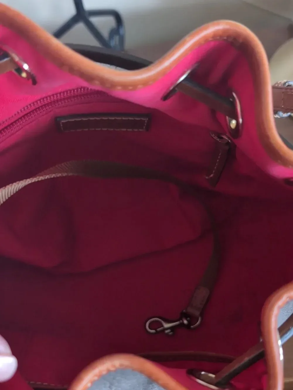 Dooney & Bourke Tasseled Leather Drwstring Bucket Shoulder Bag Taupe/British Tan